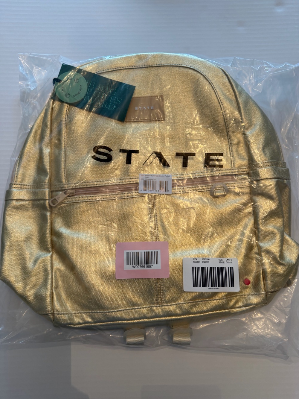 NWT STATE Metallic Gold Kane Kids Double Pocket Backpack